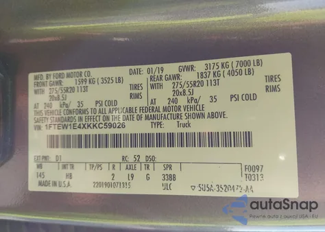 2019 Ford F-150 Lariat z USA, uszkodzony, nr VIN 1FTEW1E4XKKC59026